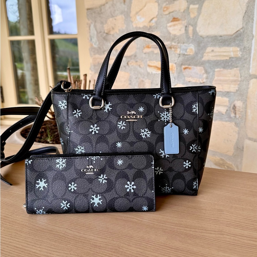 Coach Black and Blue Floral Tote and Wallet Set